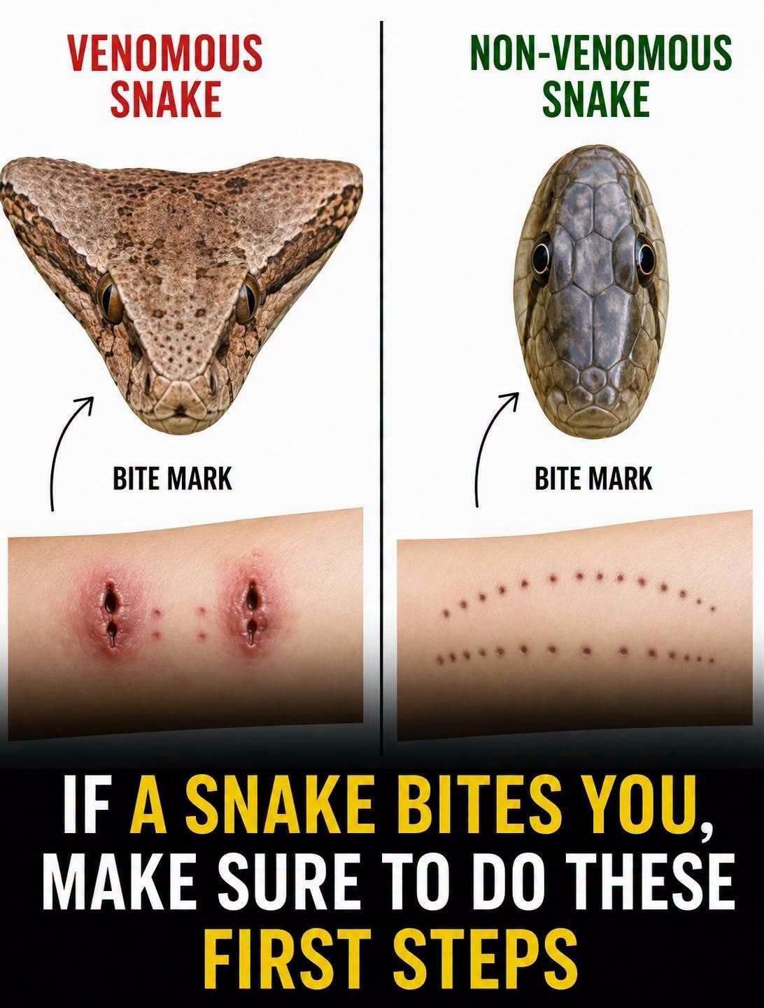 A snake bite can be frightening, but staying calm and getting professional medical help quickly are among the most important steps. Treat every suspected snake bite as a medical emergency, even if the person initially feels fine, because some venomous bites may not cause obvious symptoms immediately. Move away from the snake without attempting to catch, kill, or handle it, as another bite could occur. Keep the affected person as still and calm as possible, and remove rings, watches, bracelets, tight shoes, or other restrictive items from the bitten limb because swelling may develop. If possible, remember the snake’s appearance from a safe distance, but do not delay medical treatment to identify or photograph it. Call your local emergency medical service or arrange immediate transportation to the nearest appropriate medical facility. Do not drive yourself if you are the person who was bitten. Rapid professional assessment is essential because antivenom and other supportive treatment may be required for certain venomous bites.