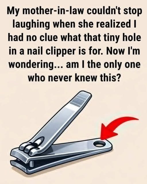 The small round hole on many nail clippers is usually not a hidden button or sharpening feature. It is part of the clipper’s metal construction and can serve as an opening around the pivot/rivet mechanism that holds the cutting arms together. On some designs, the hole can also be useful for attaching or positioning the clipper on a key ring or small chain.